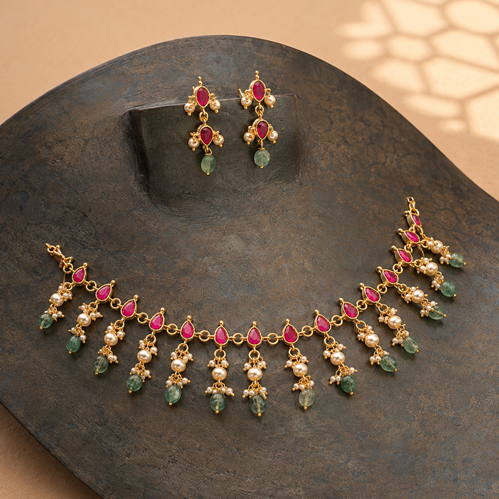 Red Stone Drop Fringe Gold Tone Necklace Set with Earrings