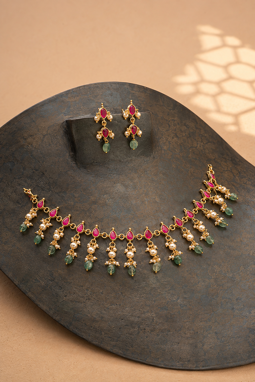 Red Stone Drop Fringe Gold Tone Necklace Set with Earrings