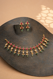 Red Stone Drop Fringe Gold Tone Necklace Set with Earrings