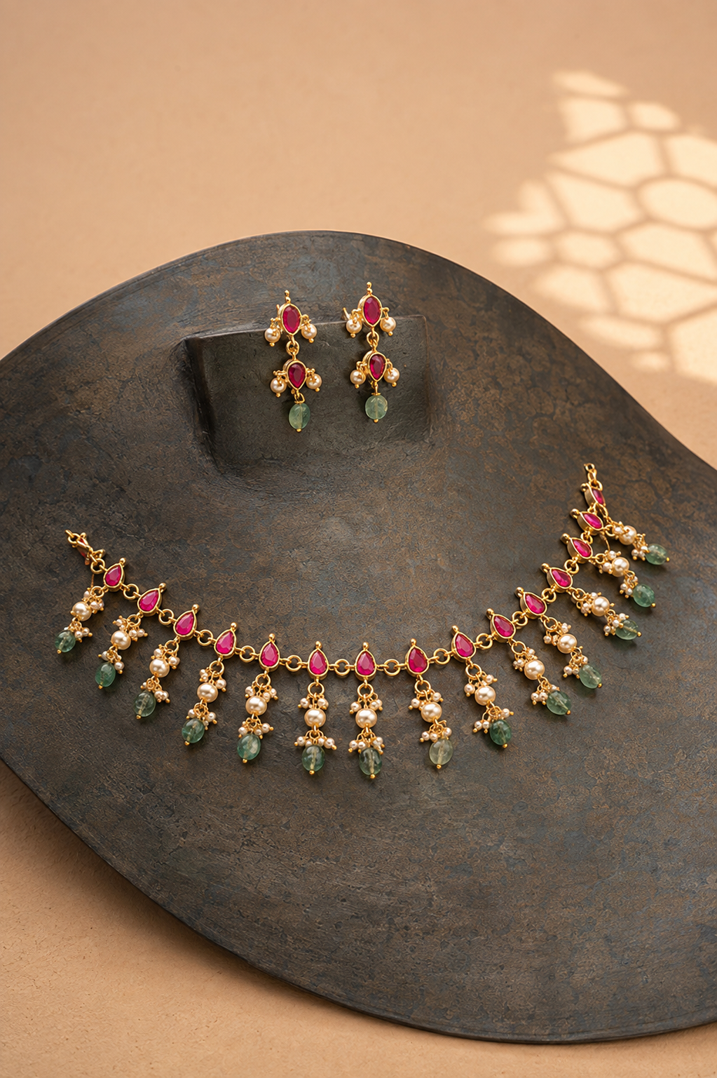 Red Stone Drop Fringe Gold Tone Necklace Set with Earrings