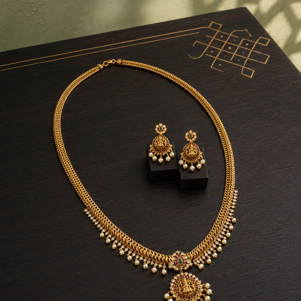 Pearl Beaded Border Long Gold Plated Necklace