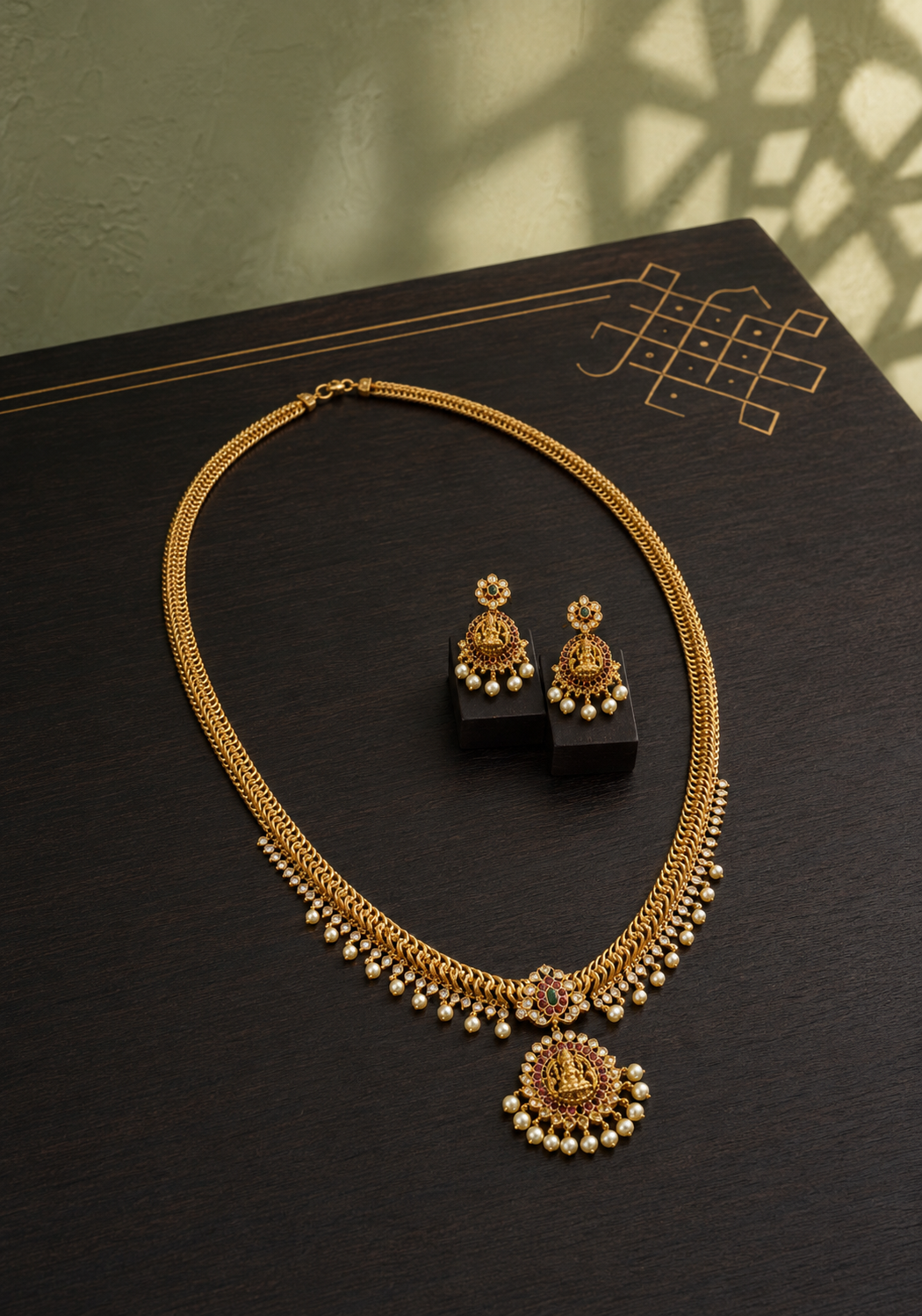 Pearl Beaded Border Long Gold Plated Necklace