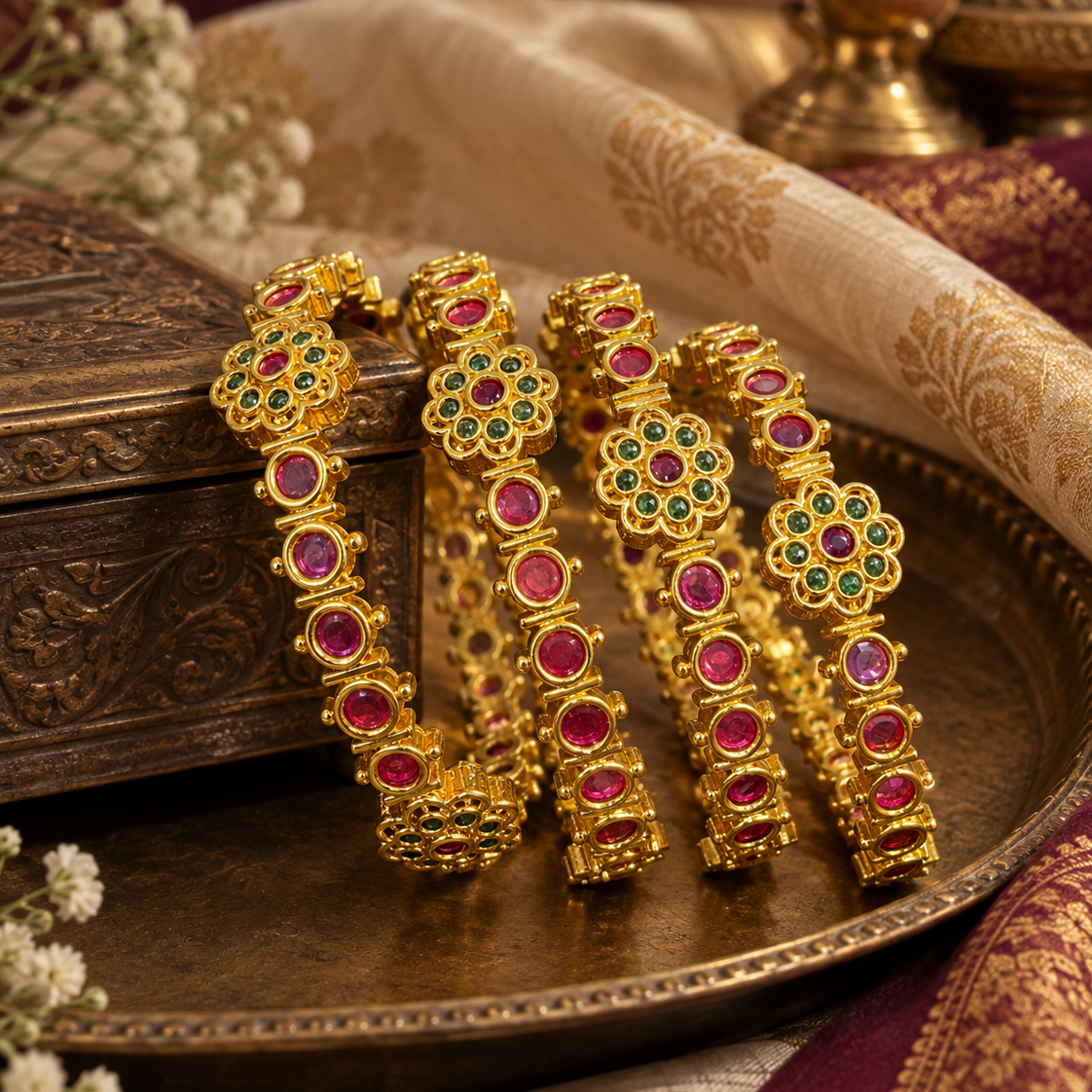 Gold Plated Pink Green Stone Floral Bangle