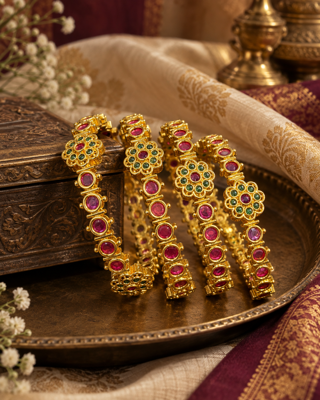 Gold Plated Pink Green Stone Floral Bangle