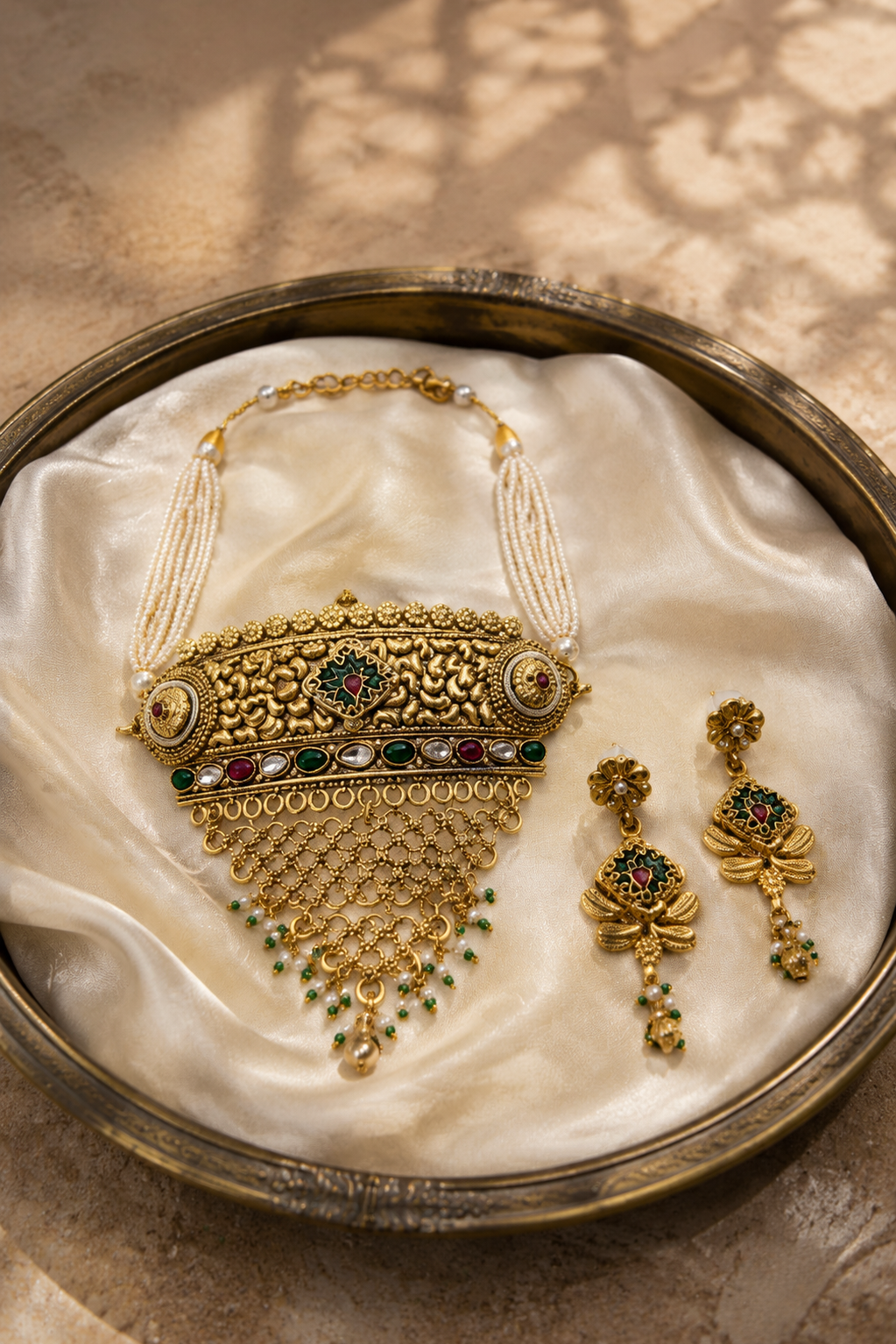 Rajwadi Floral Pearl Choker with Green Bead Drops