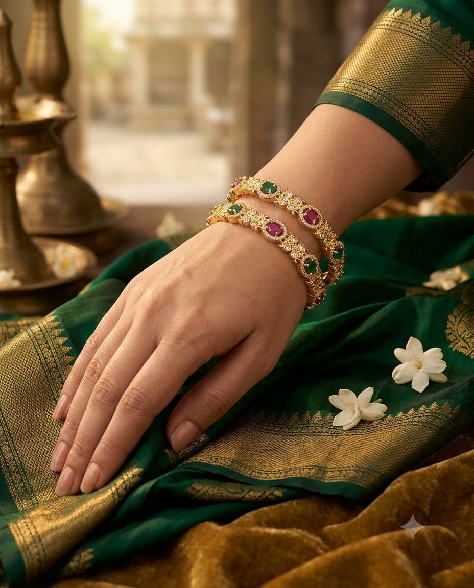 Pink Green Stone Oval Bangle Set
