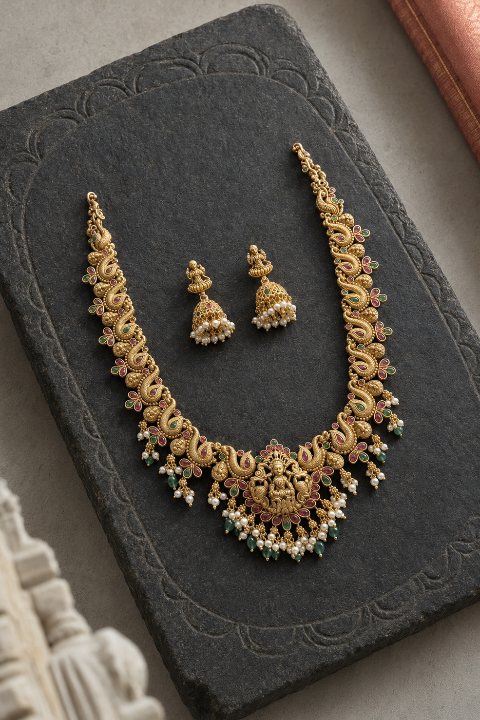 Peacock Lakshmi Devi Pearl Beaded Fringe Gold Plated Necklace Set