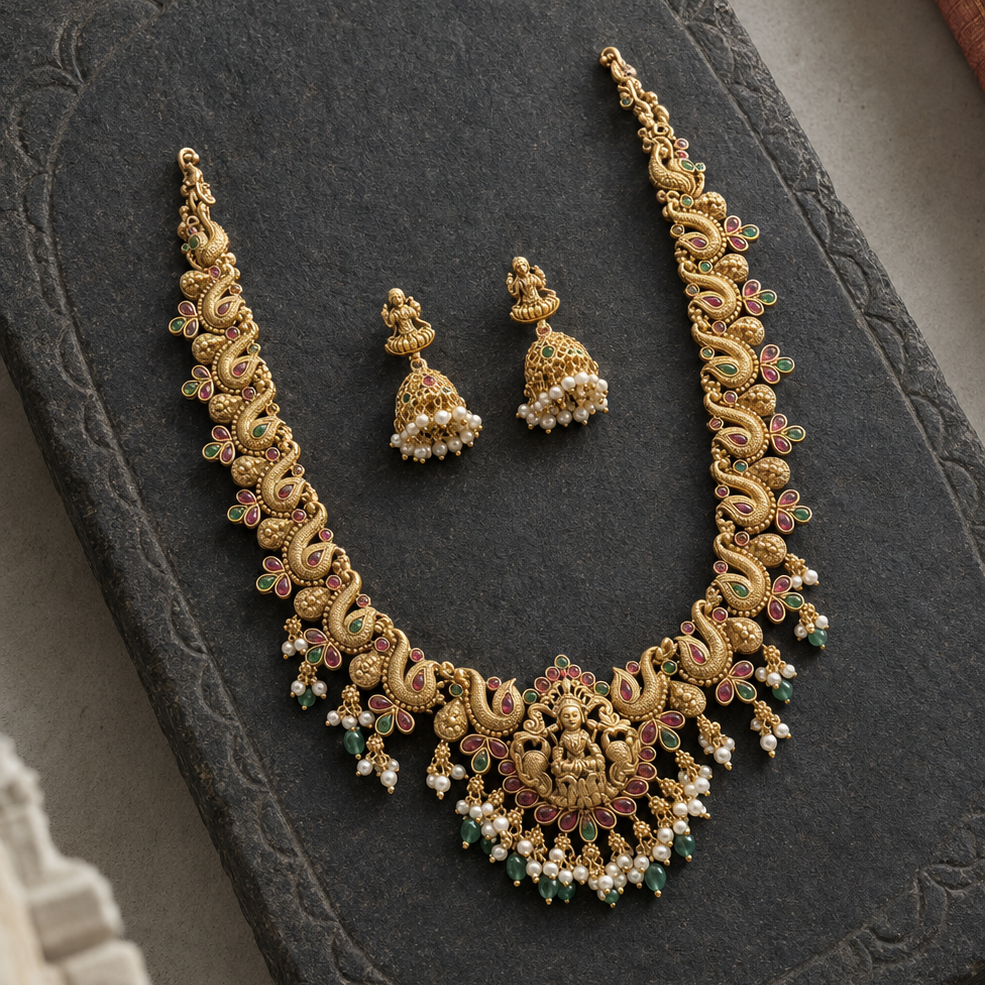 Peacock Lakshmi Devi Pearl Beaded Fringe Gold Plated Necklace Set