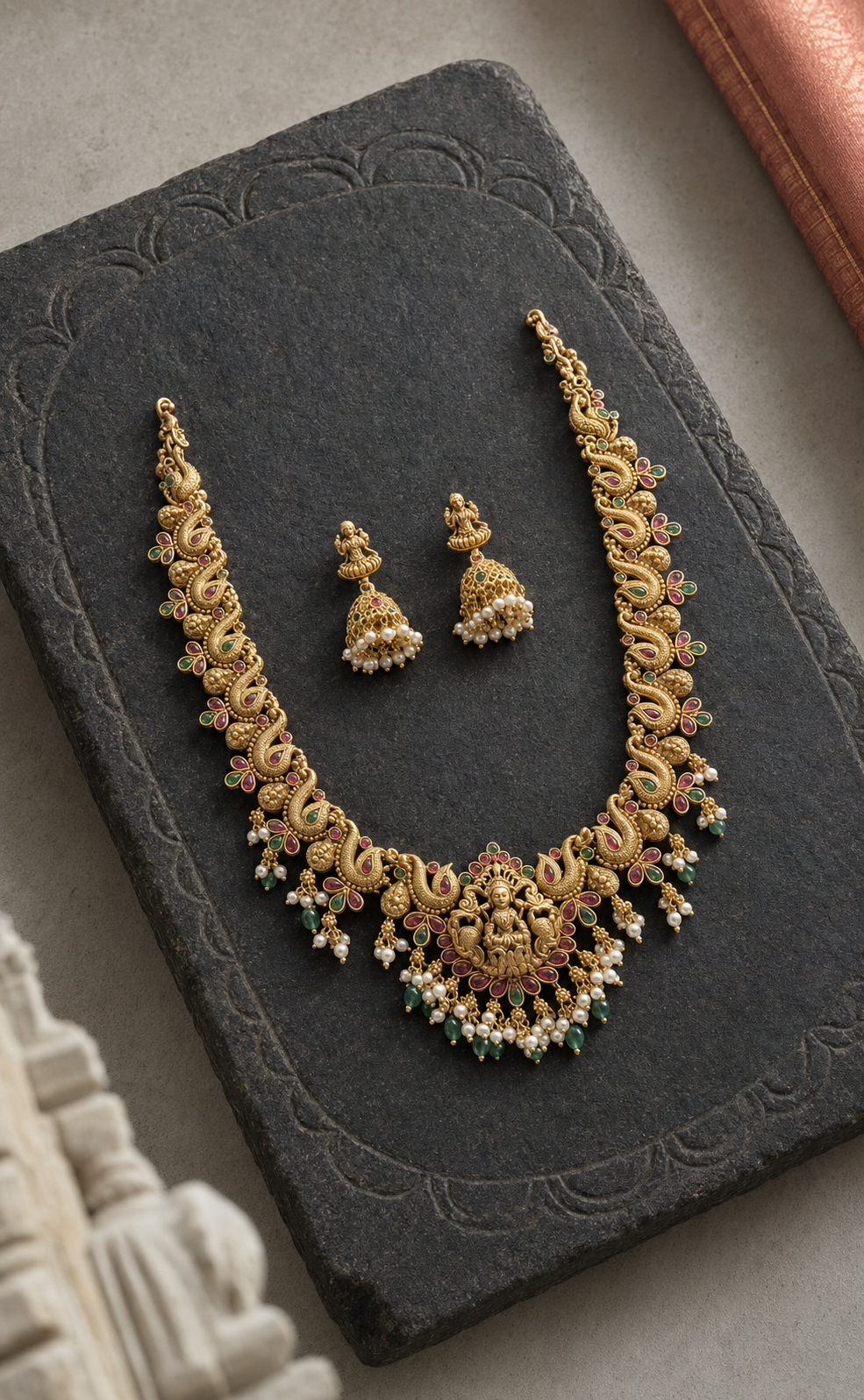 Peacock Lakshmi Devi Pearl Beaded Fringe Gold Plated Necklace Set
