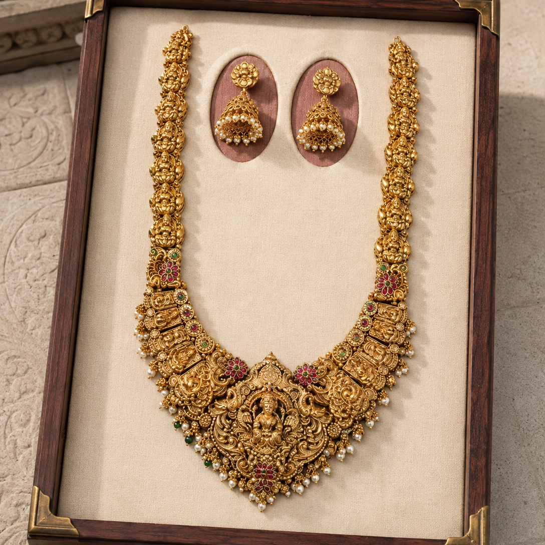 Lakshmi Devi Temple Bridal Gold Plated Necklace Set