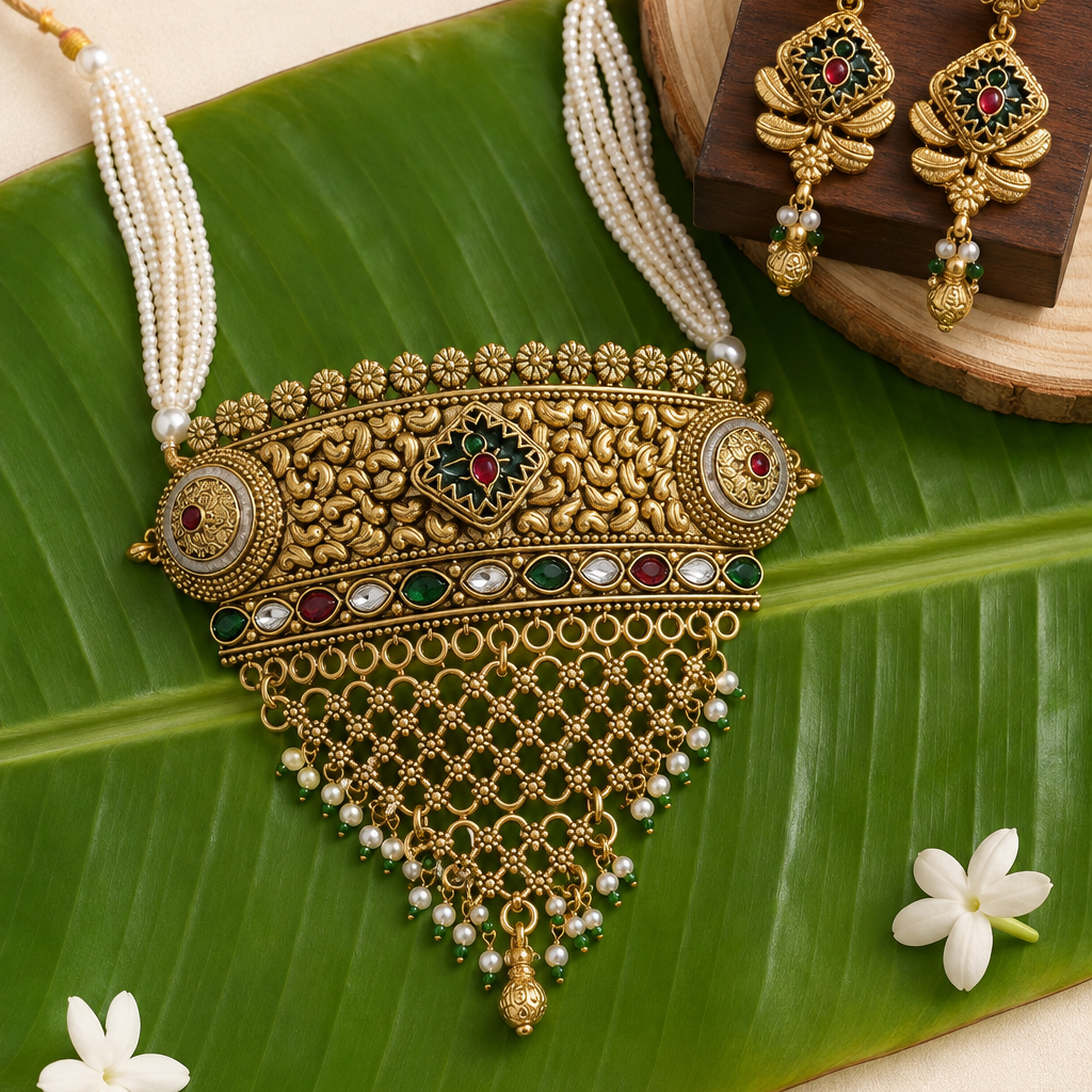 Rajwadi Floral Kundan-Inspired Pearl Choker Set