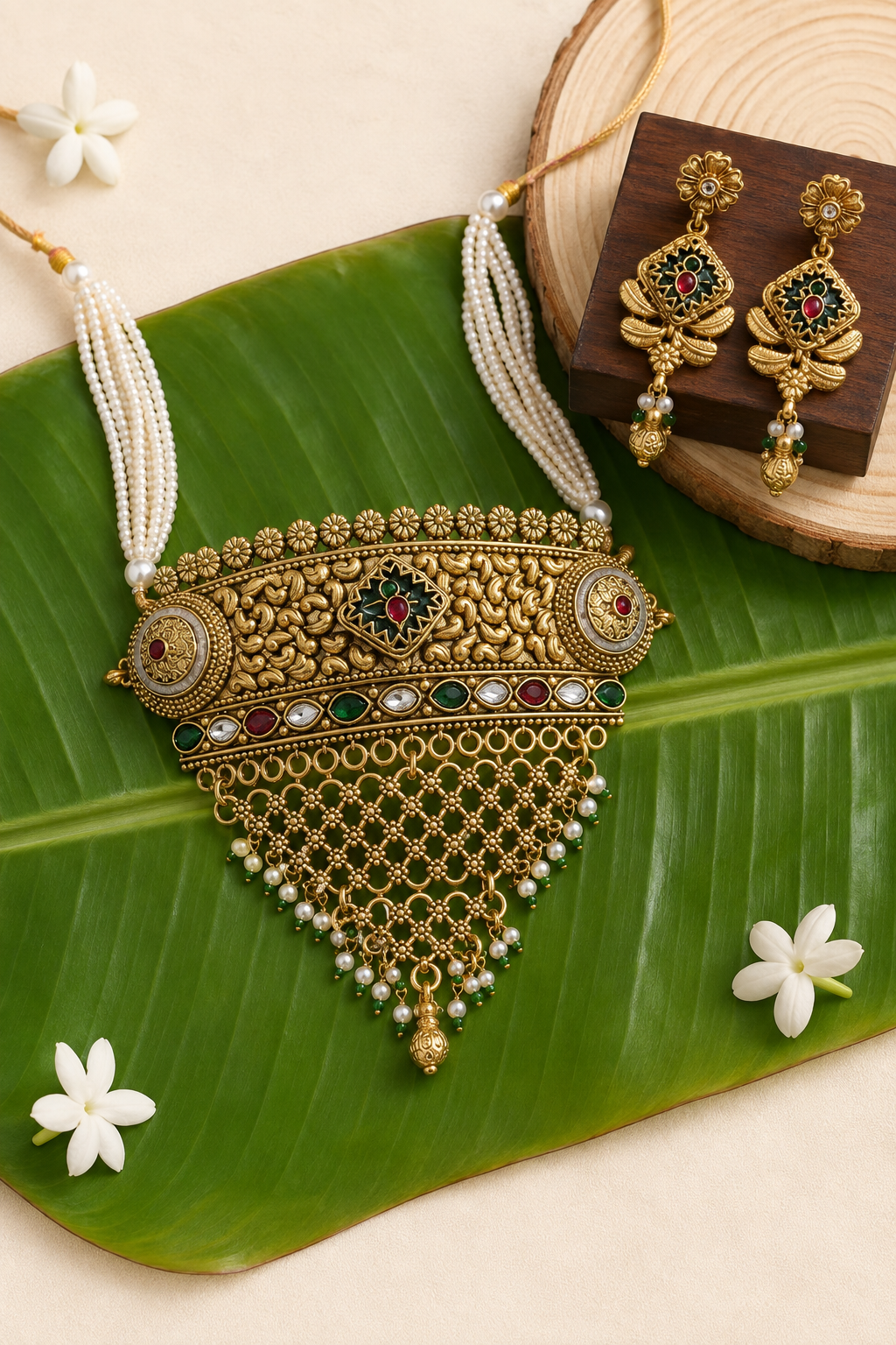 Rajwadi Floral Kundan-Inspired Pearl Choker Set