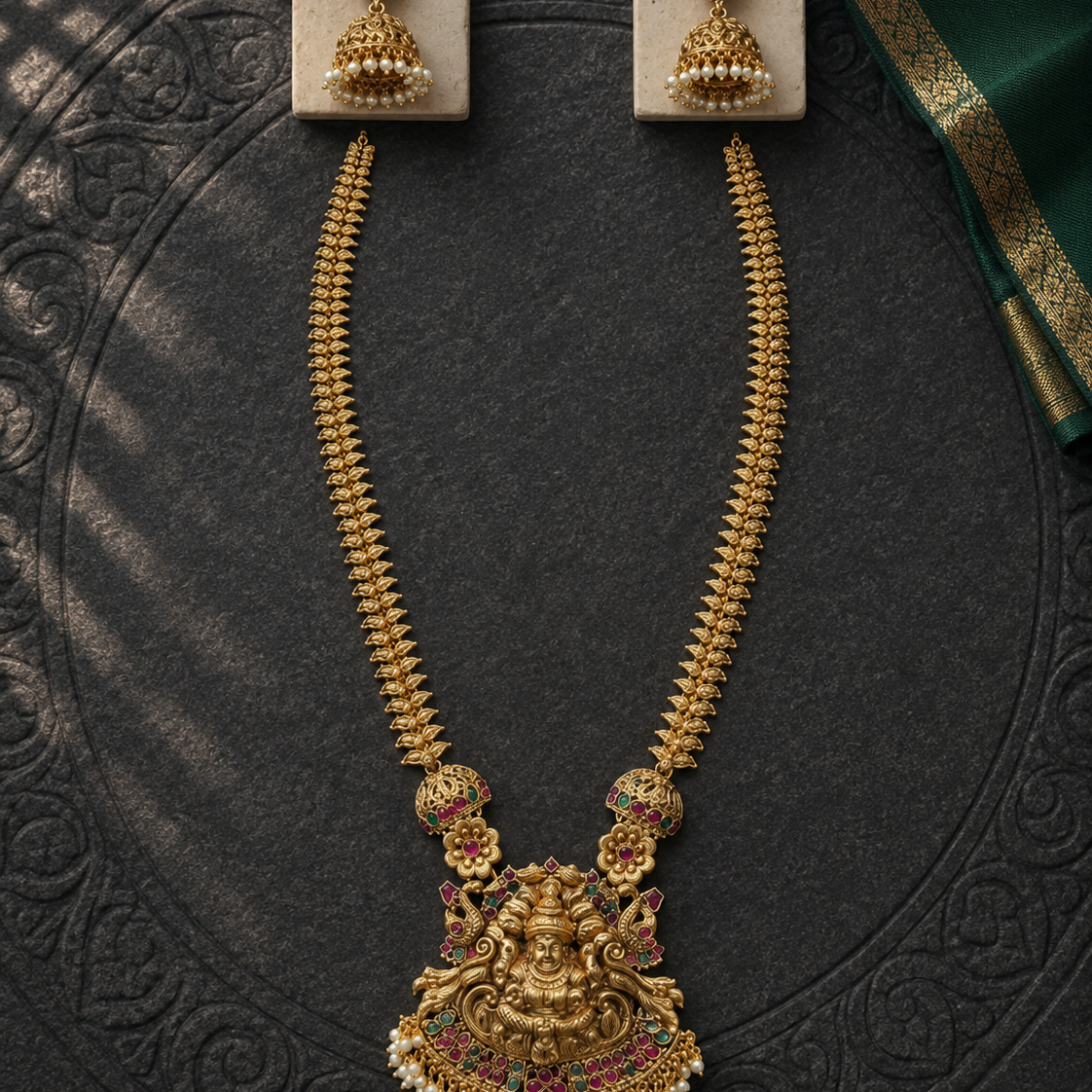 Lakshmi Devi Gold Plated Pendant Wheat Chain Necklace Set