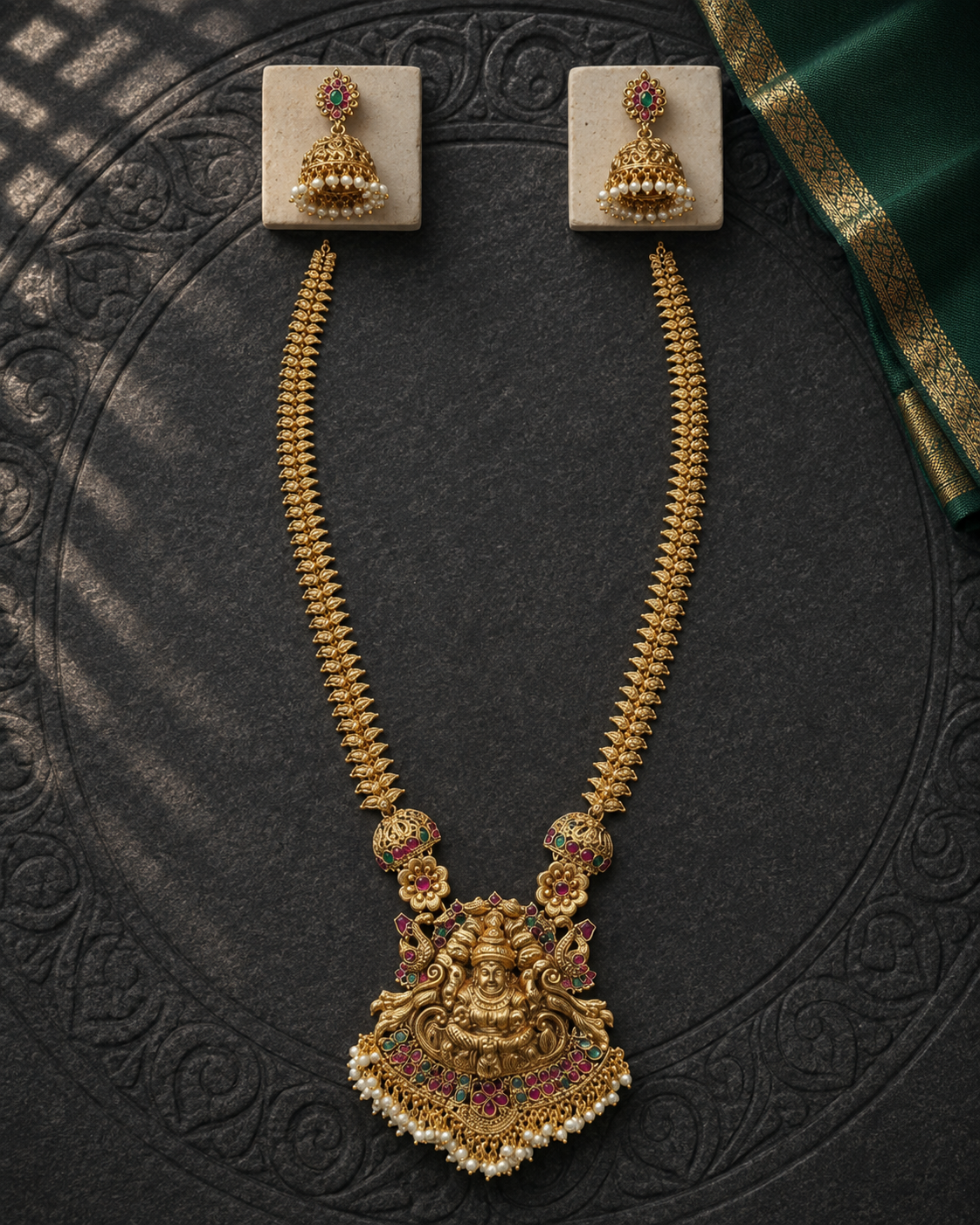 Lakshmi Devi Gold Plated Pendant Wheat Chain Necklace Set