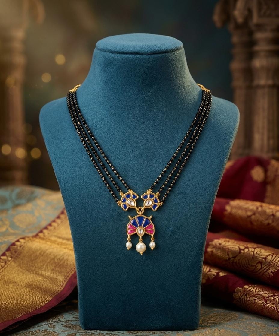 Gold Finish Double Black Bead Blue Stone Mangalsutra