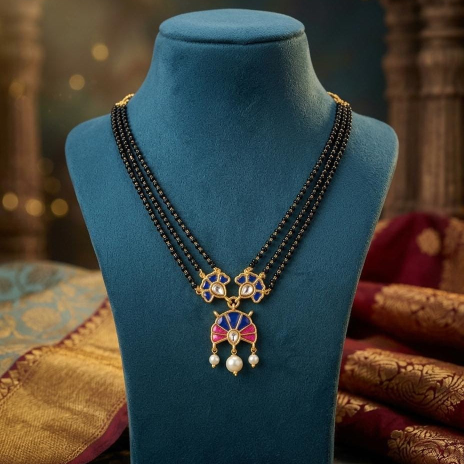 Gold Finish Double Black Bead Blue Stone Mangalsutra