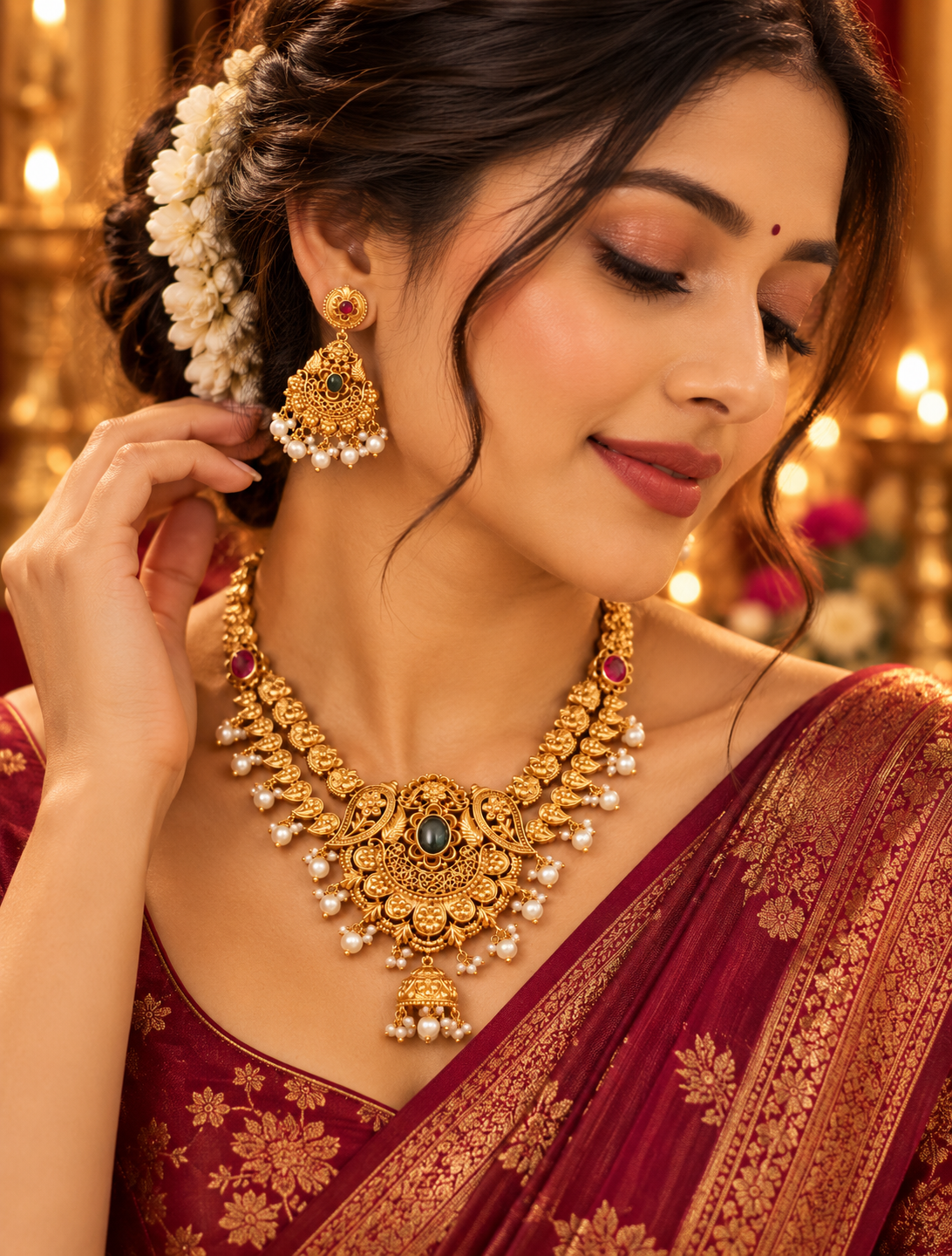 Gold Finish Floral Pendant Necklace Set with Earrings
