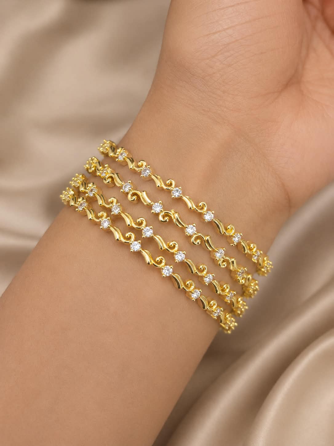 Gold Plated White Stone Floral Pattern Bangle