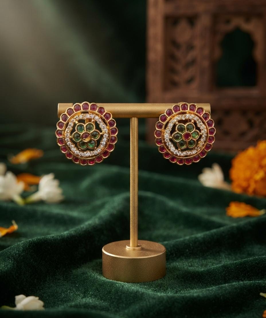 Ruby Green Round Stone Stud Earrings