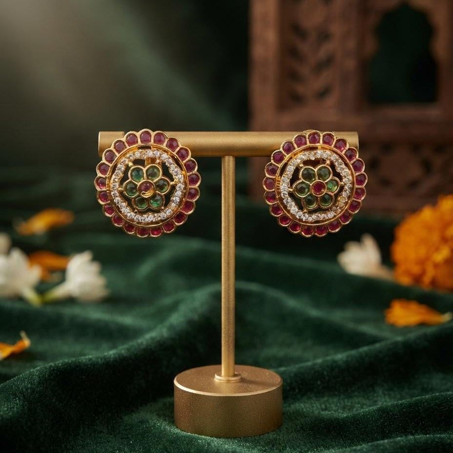 Ruby Green Round Stone Stud Earrings