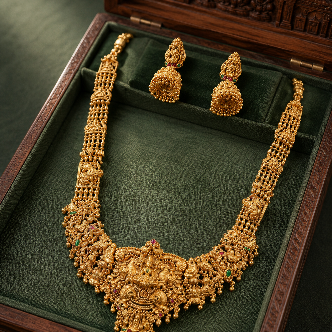 Lakshmi Devi Temple Long Gold Plated Haram Set