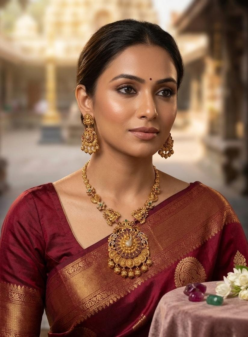 Gold Finish Coin Lakshmi Traditional Necklace Set with Earrings