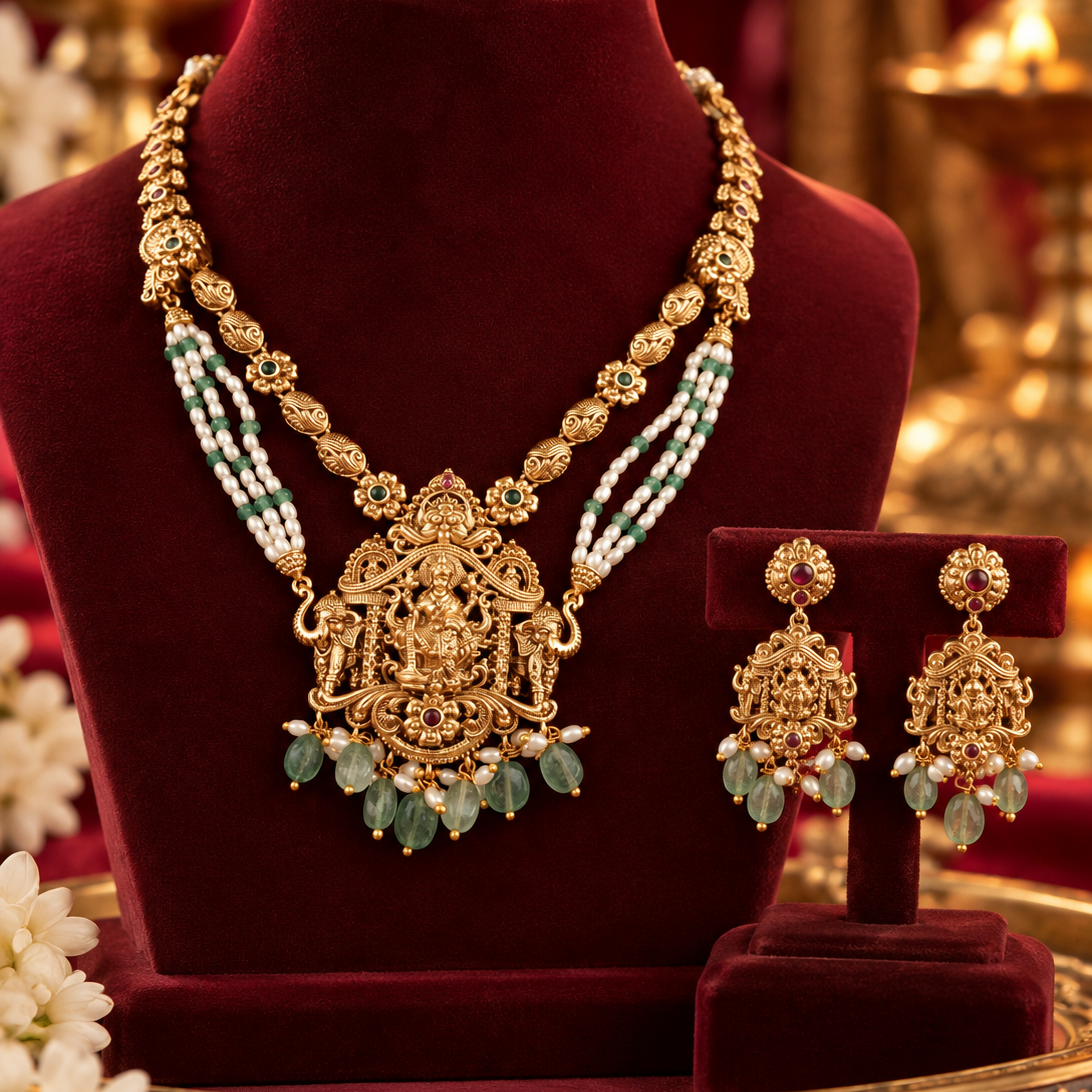 Gold Finish Lakshmi Motif Temple Necklace Set with Earrings
