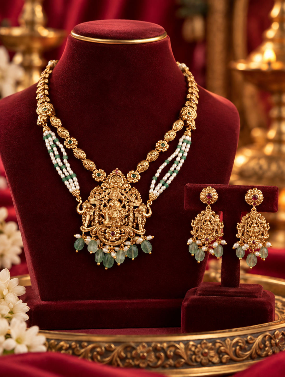 Gold Finish Lakshmi Motif Temple Necklace Set with Earrings
