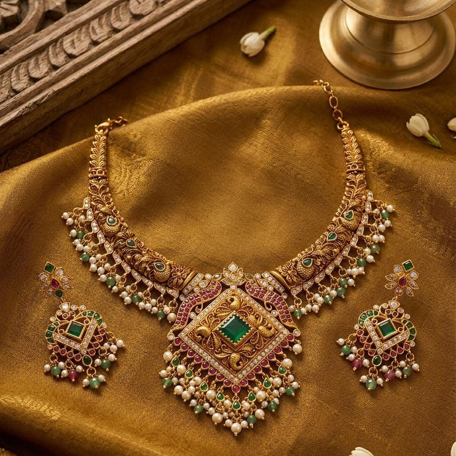 Gold Plated Statement Temple Necklace with Green Stone Pendant Set