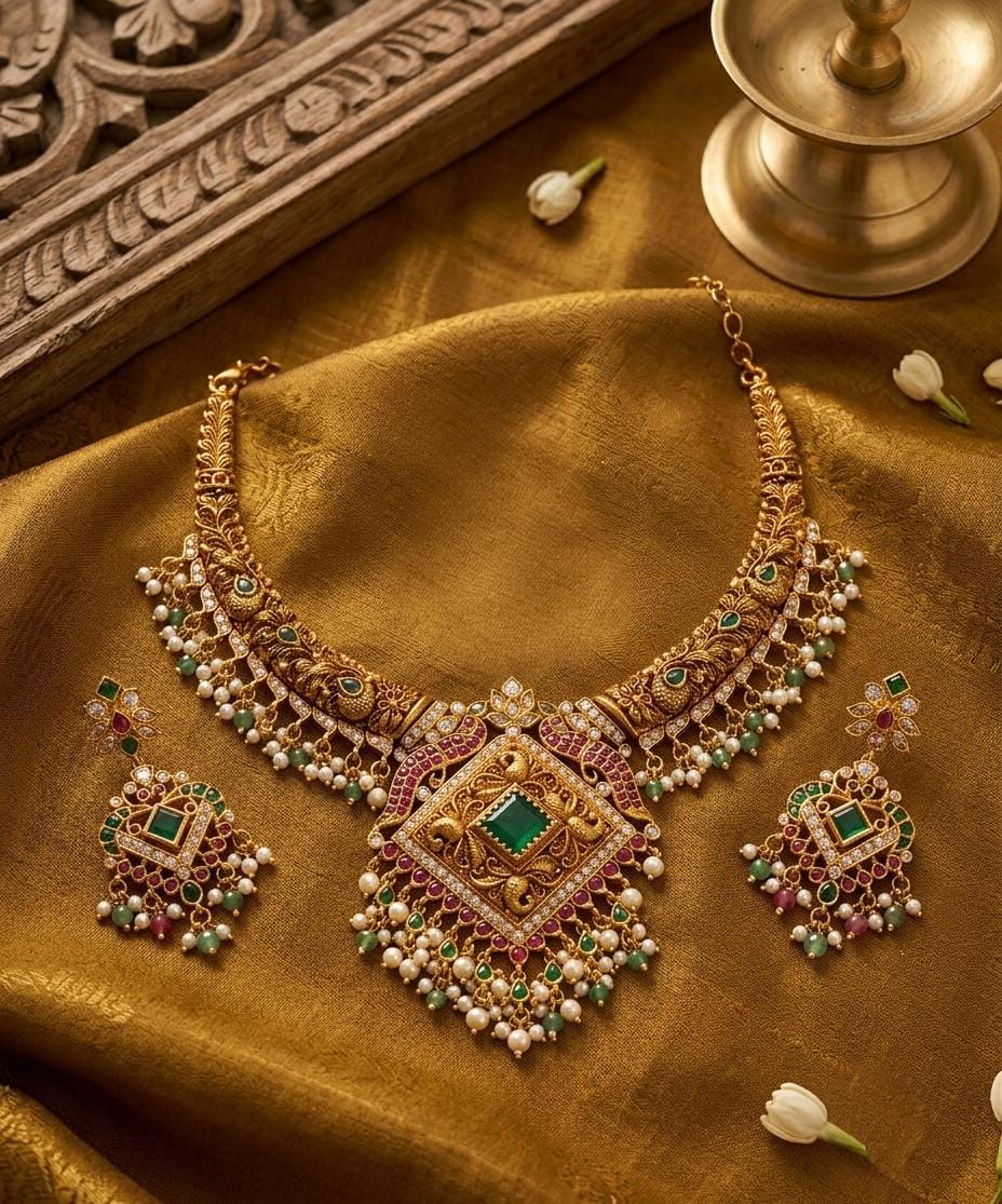 Gold Plated Statement Temple Necklace with Green Stone Pendant Set
