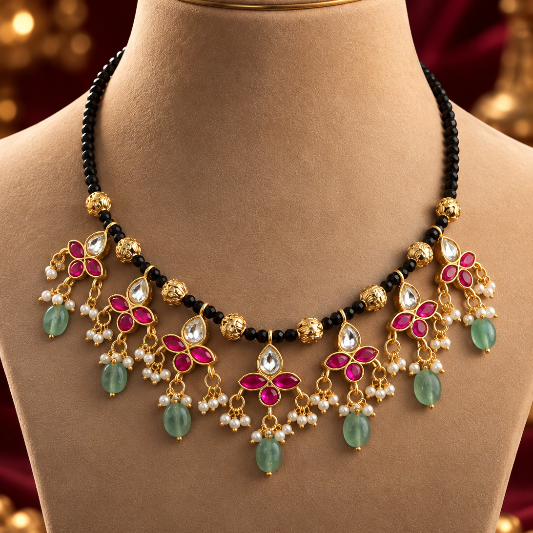Pink Green Leaf Motif Black Bead Mangalsutra