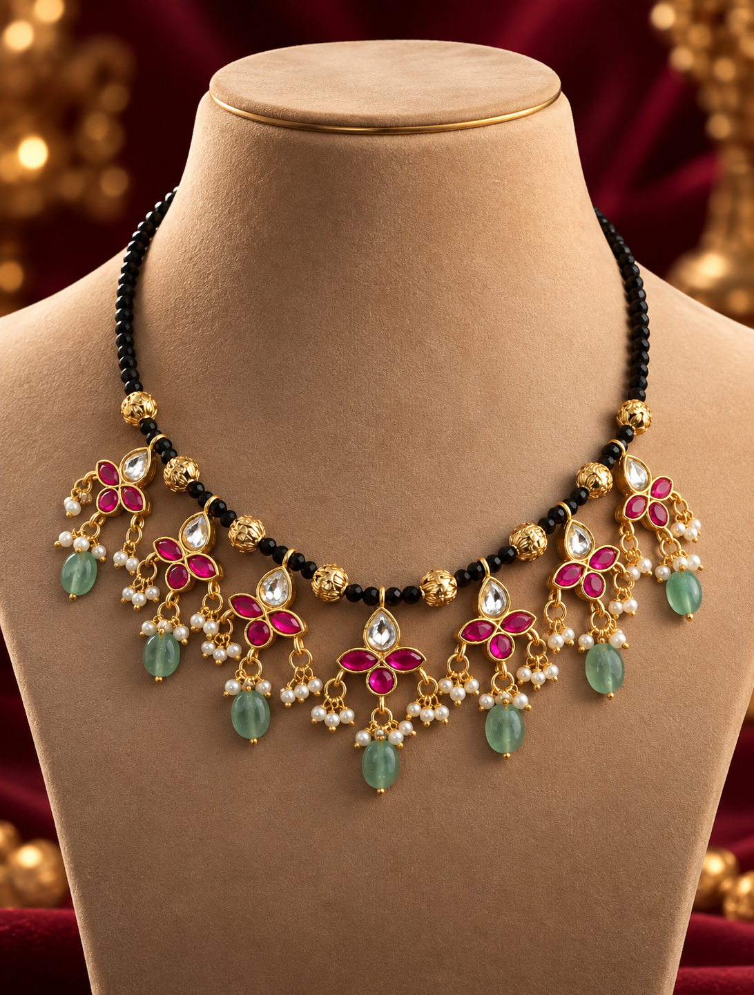 Pink Green Leaf Motif Black Bead Mangalsutra