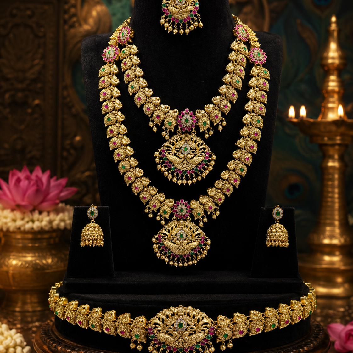 Pink Kundan Semi-Bridal Gold Plated Jewellery Set