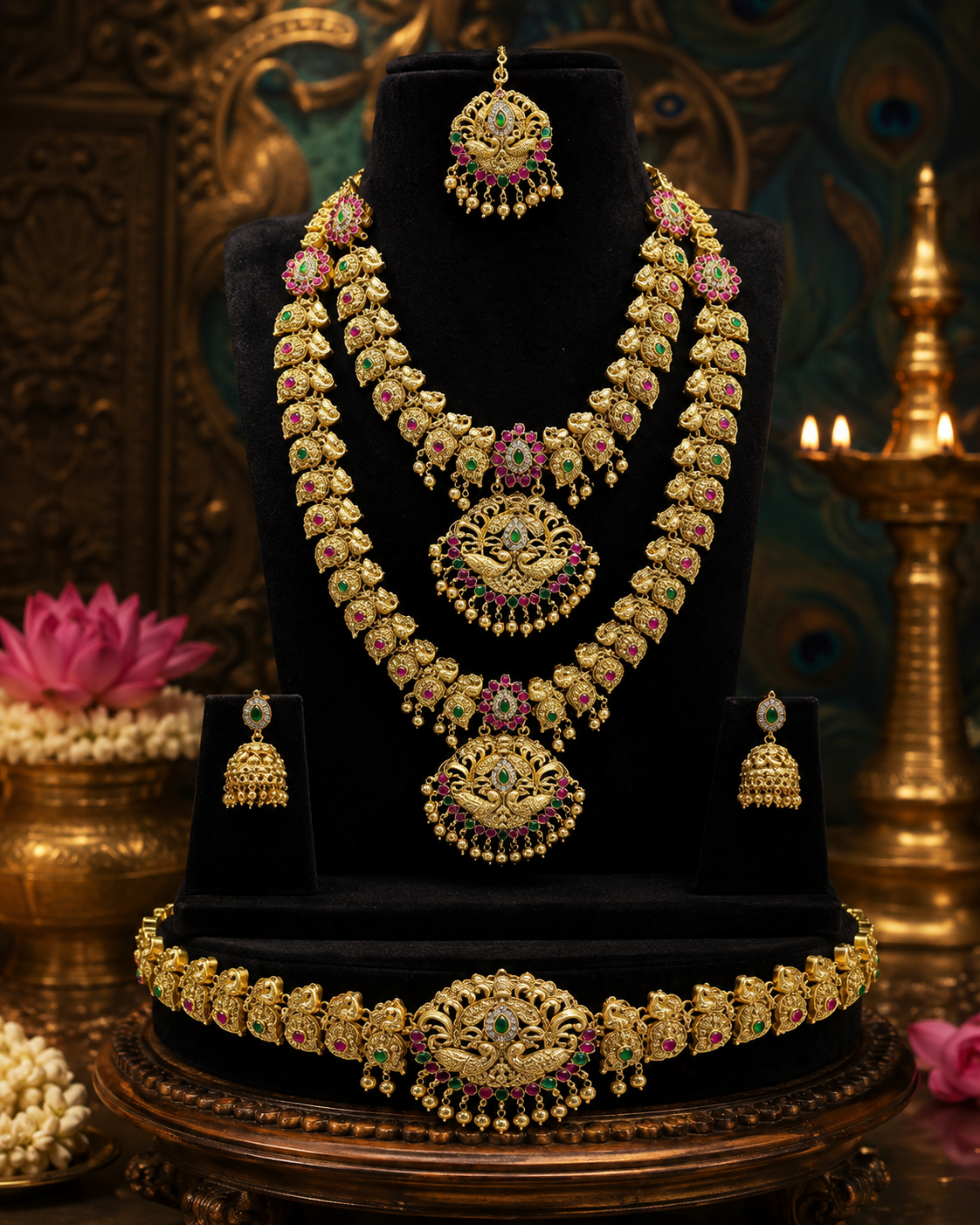 Pink Kundan Semi-Bridal Gold Plated Jewellery Set