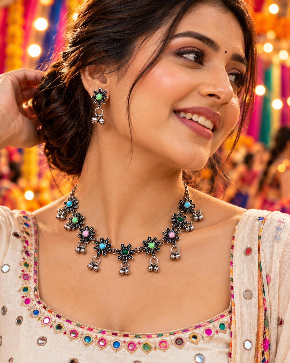 Multicolour Floral Drop Necklace Set