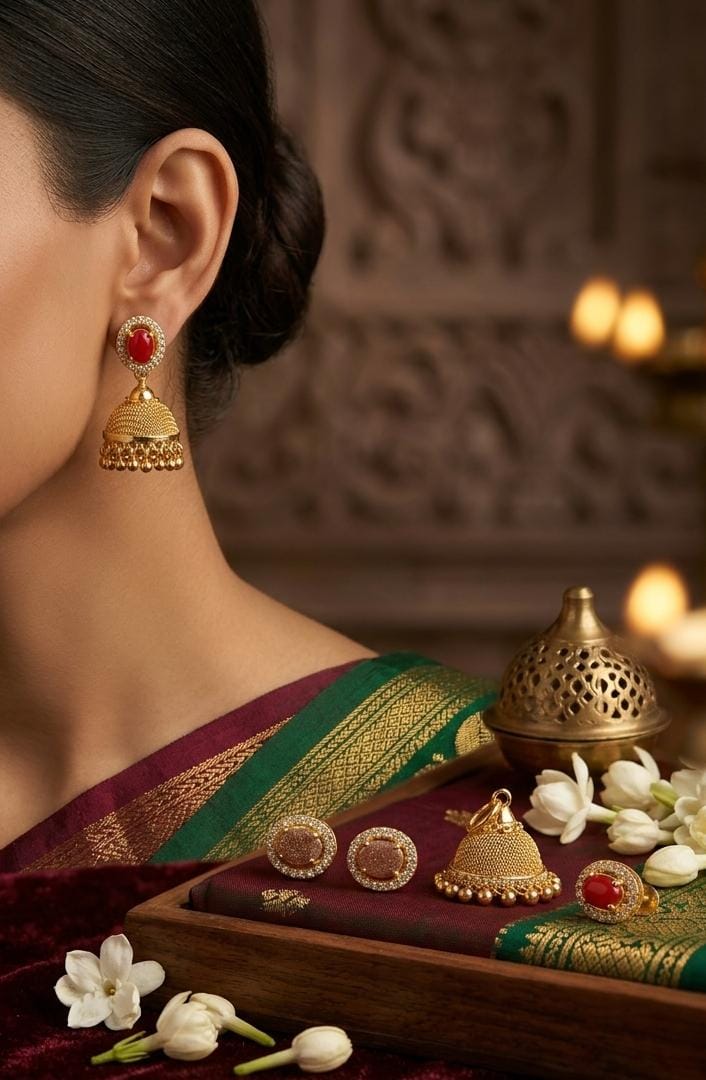 Gold Finish Red Stone Changeable Jhumka Earrings Set