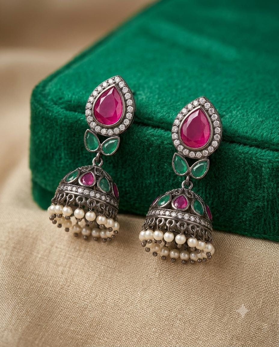 Victorian Pink Green Gold-Plated Jhumka Earrings