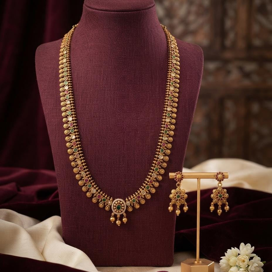 Gold Finish Teardrop Pendant Long Necklace