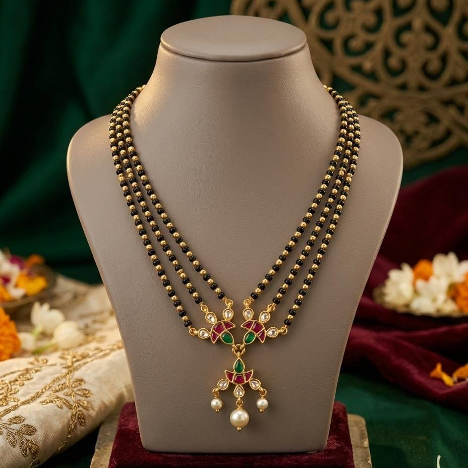 Gold Plated Black Bead Green Pink Stone Mangalsutra