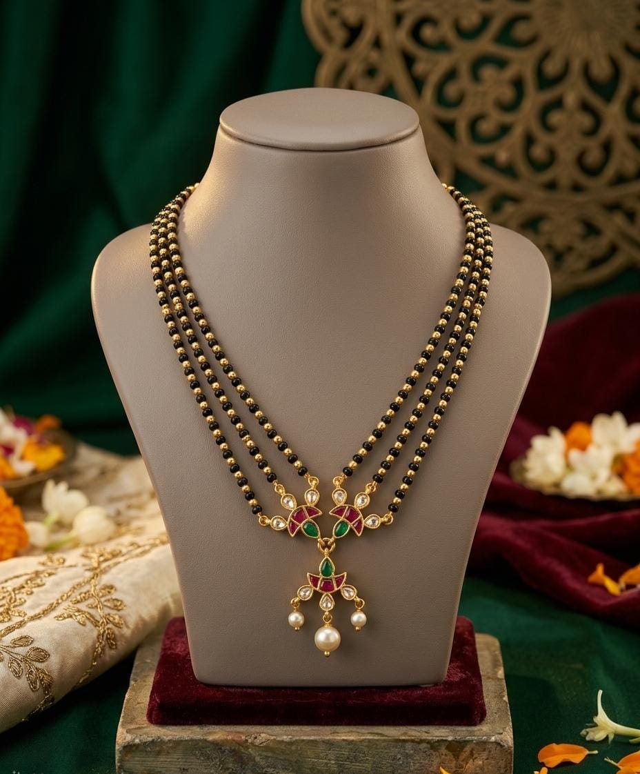 Gold Plated Black Bead Green Pink Stone Mangalsutra