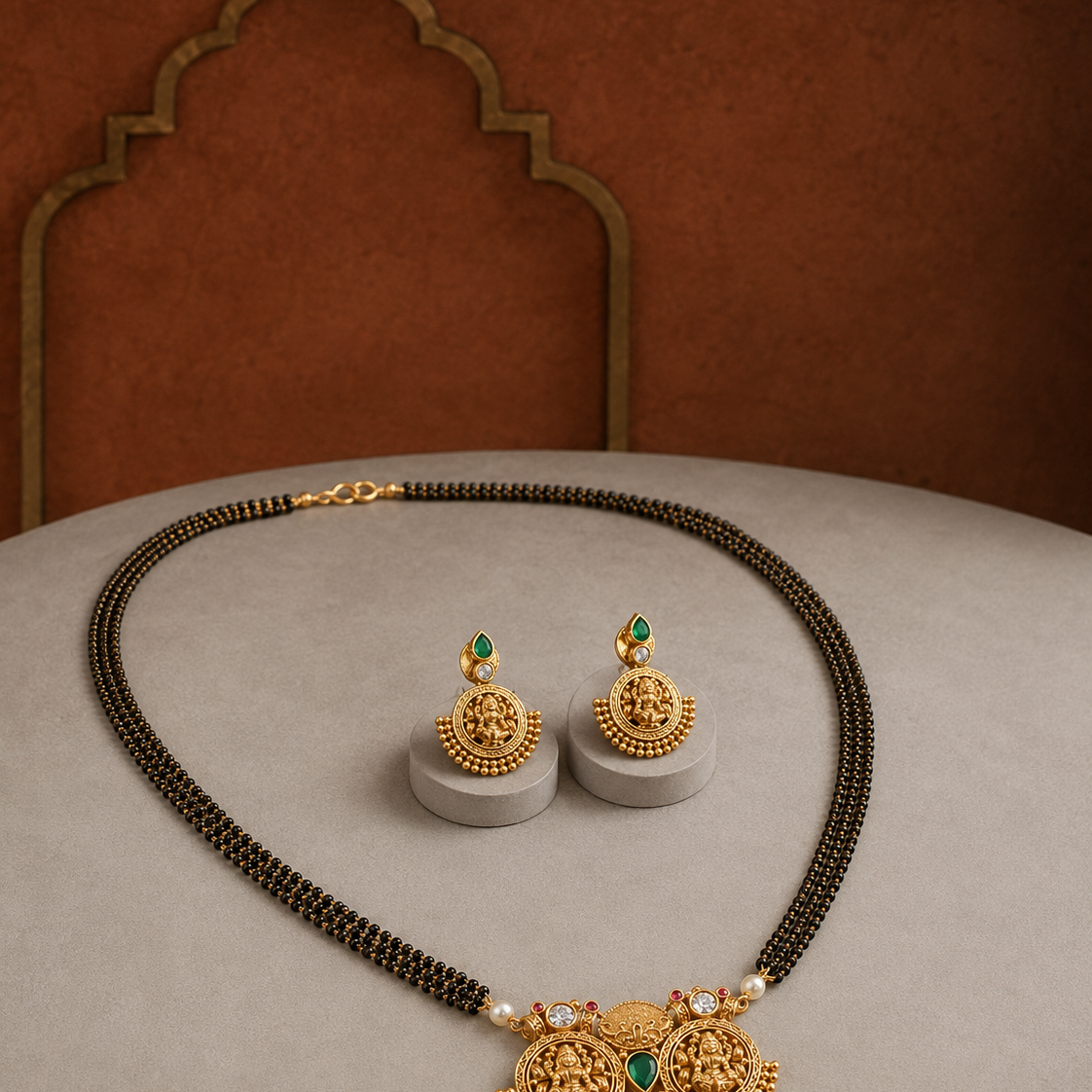 Double Lakshmi Devi Long Black Bead Gold Plated Mangalsutra