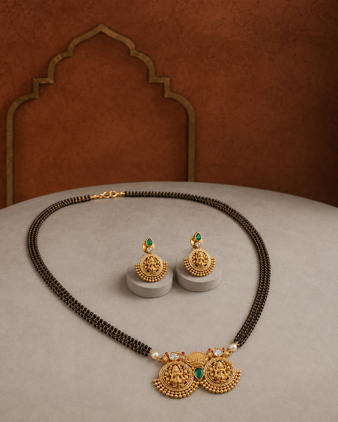 Double Lakshmi Devi Long Black Bead Gold Plated Mangalsutra