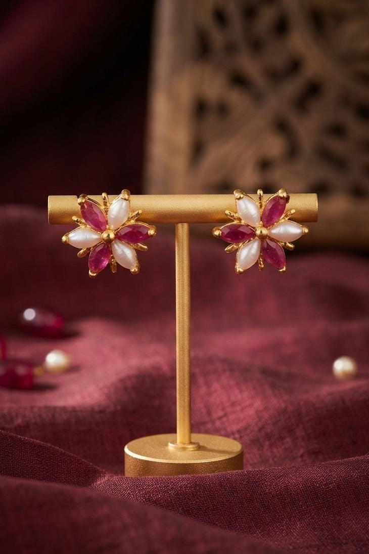 Pink and White Floral Drop Stud Earrings