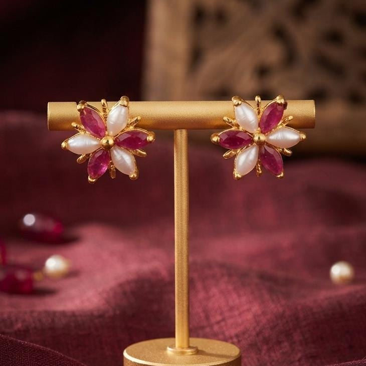 Pink and White Floral Drop Stud Earrings
