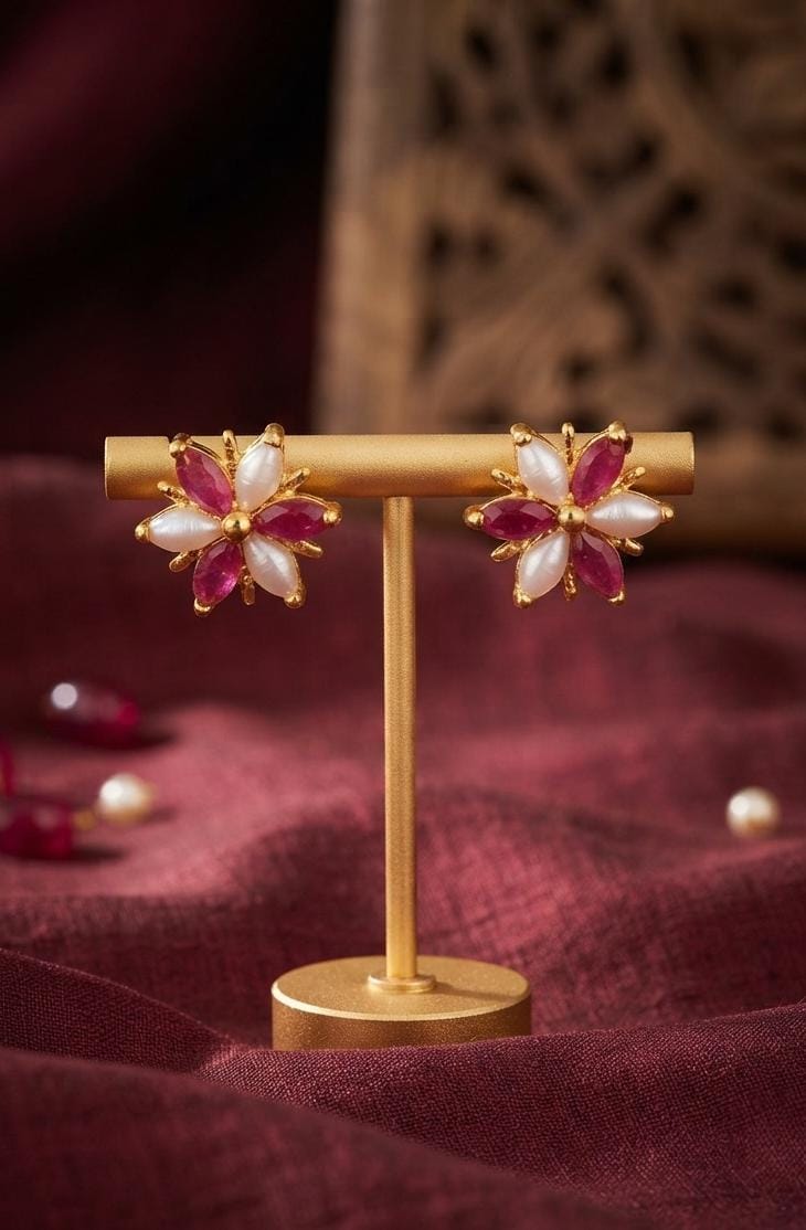 Pink and White Floral Drop Stud Earrings