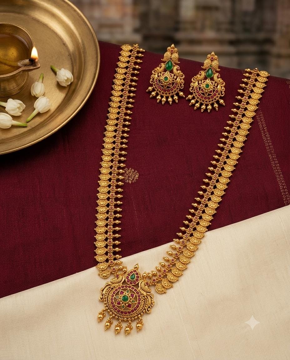 Gold Plated Floral Temple Haram Necklace Set with Jhumka Earrings