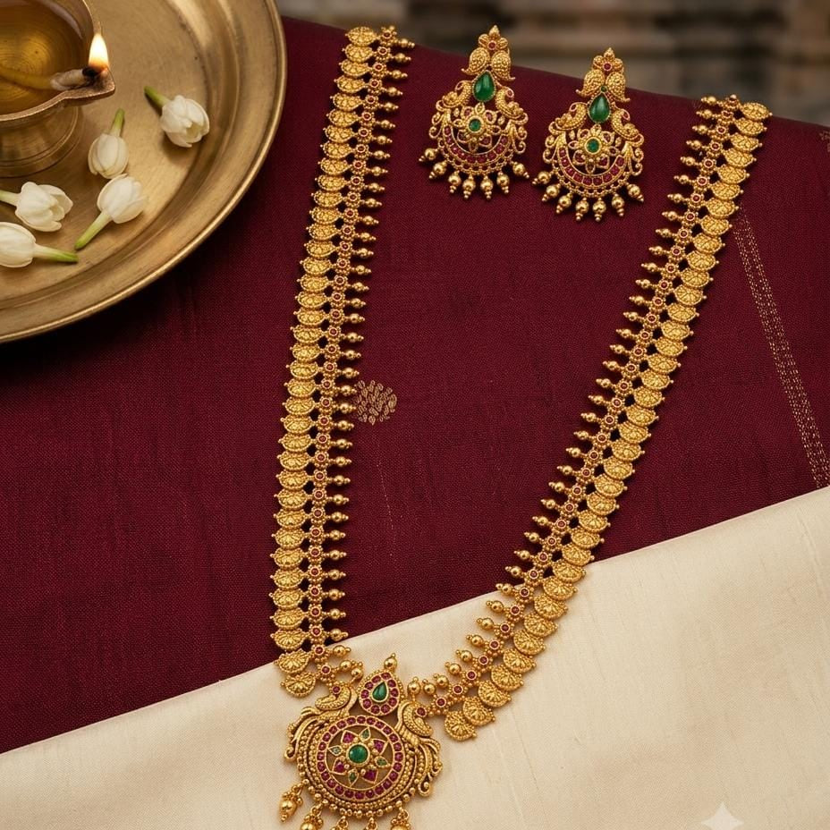 Gold Plated Floral Temple Haram Necklace Set with Jhumka Earrings