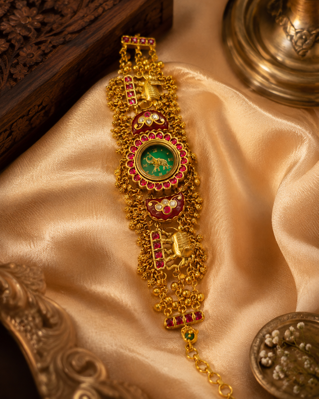Ruby Green Rajwadi Kundan Watch
