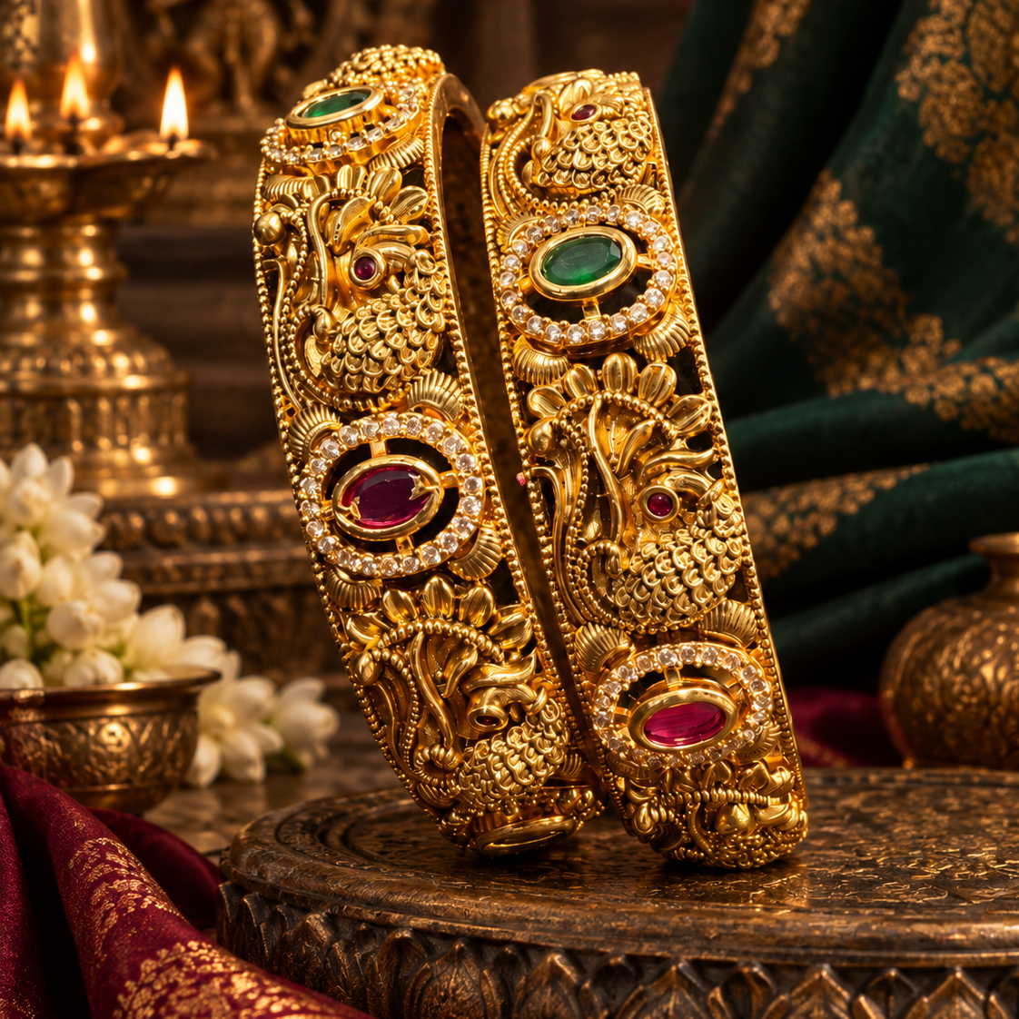 Gold Finish Green Red Stone Antique Design Bangle