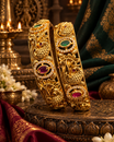Gold Finish Green Red Stone Antique Design Bangle